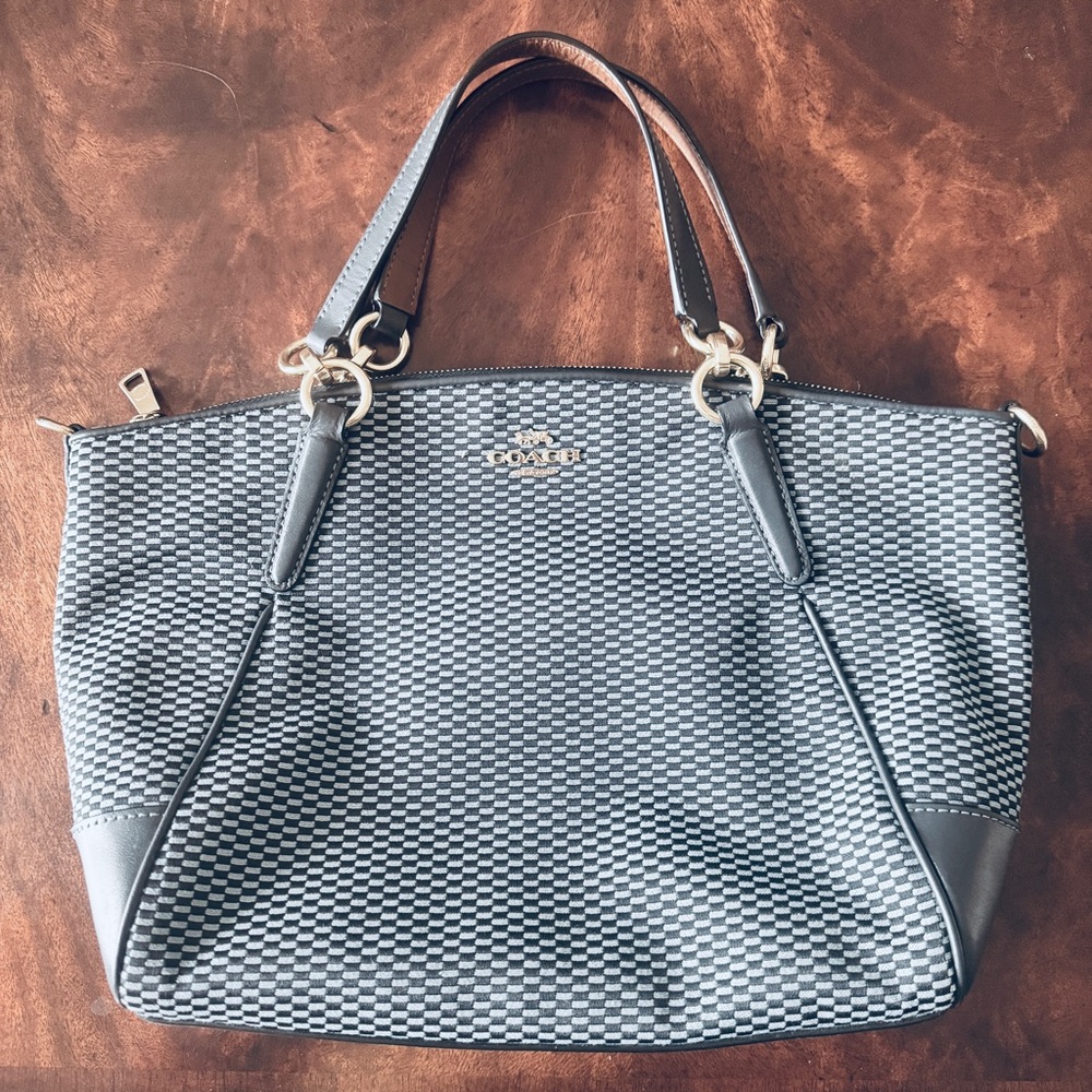 COACH Navy Blue Woven Fabric & Leather Mini Kelsey Satchel NWOT COA